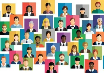 Illustration of cartoon headshots of people of diverse ethnicities